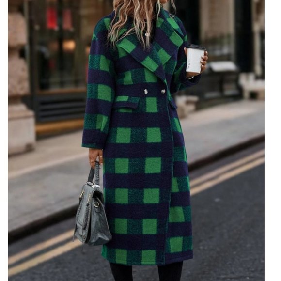 Casual Plaid Double Buttoned Coat Overcoat jacket Green Blue - Picture 4 of 6